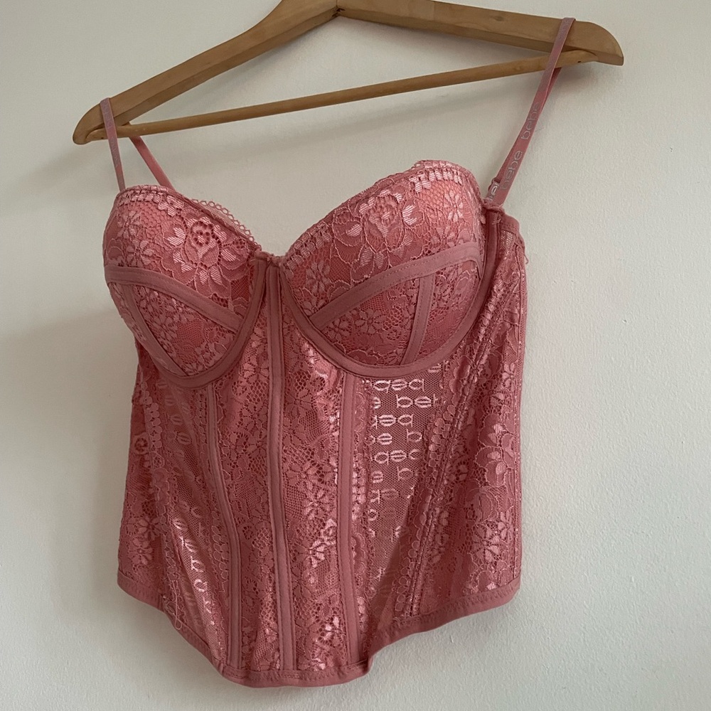 BEBE Set - Lace Bustier Corset Top & Thong - Pink size 34C Medium Sexy Lingerie